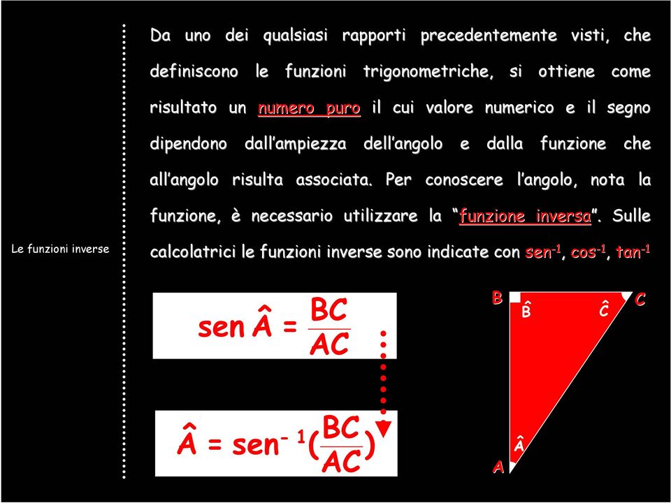 all angolo risulta associata. Per conoscere l angolo, nota la funzione, è necessario utilizzare la funzione inversa.