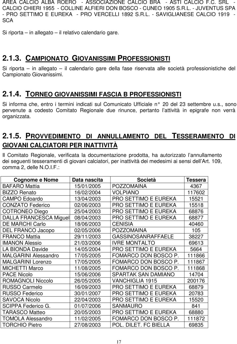 CAMPIONATO GIOVANISSIMI PROFESSIONISTI Si riporta in allegato il calendario gare della fase riservata alle società professionistiche del Campionato Giovanissimi. 2.1.4.