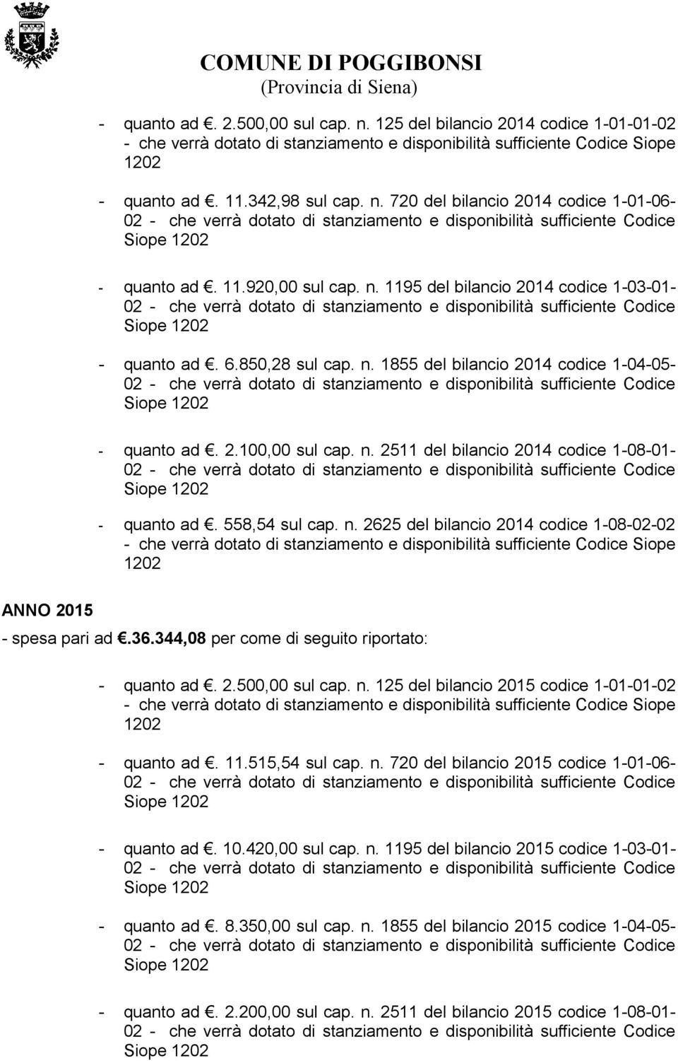 558,54 sul cap. n. 2625 del bilancio 2014 codice 1-08-02-02 - che verrà dotato di stanziamento e disponibilità sufficiente Codice Siope 1202 ANNO 2015 - spesa pari ad.36.