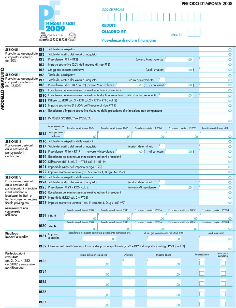 Plusvalenze assoggettate RT Totale dei costi o dei valori di acquisto (costo rideterminato ) a imposta sostitutiva del,0 RT Plusvalenze (RT RT col.