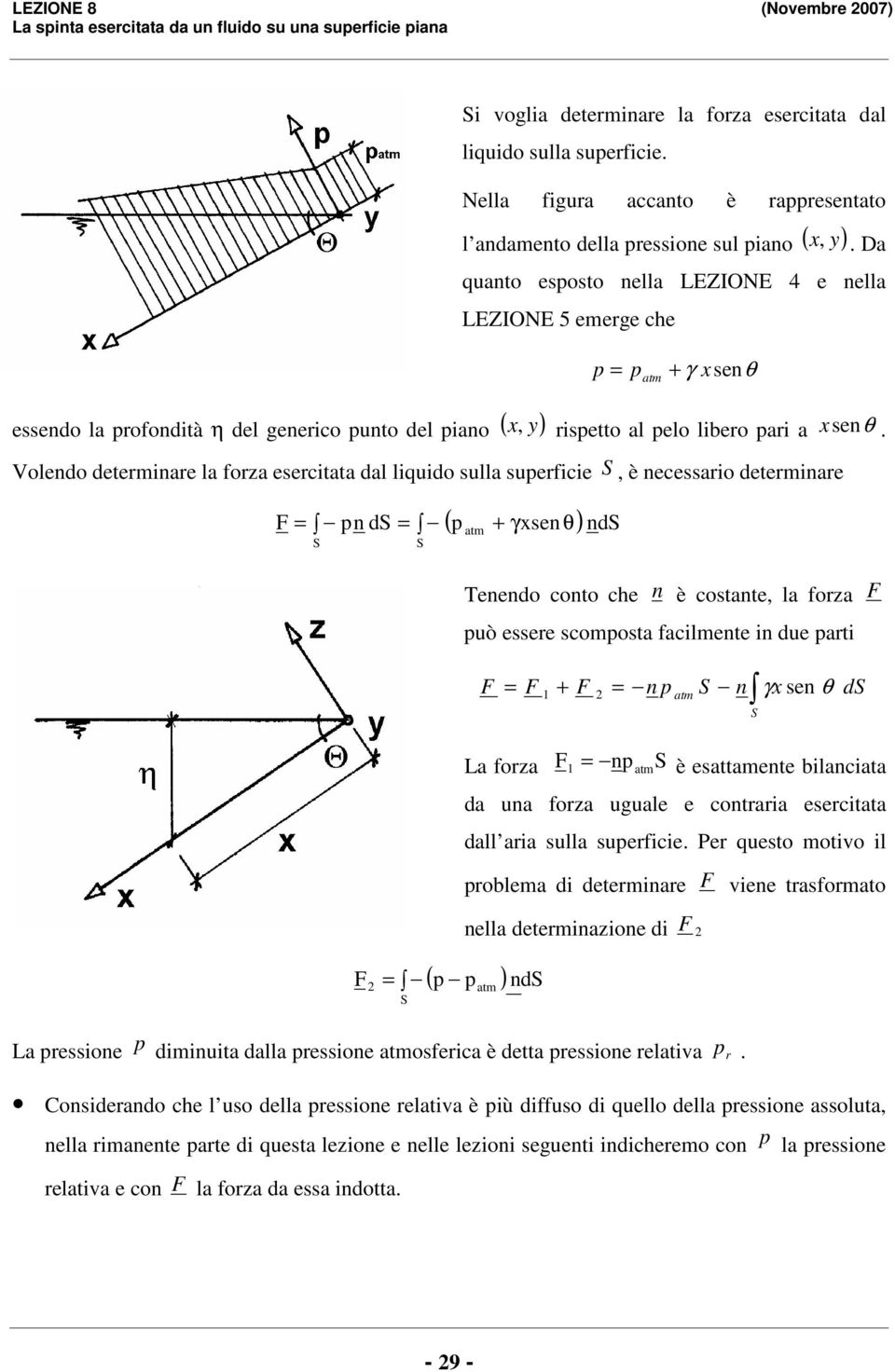 Volendo deterinre l orz esercitt dl liquido sull supericie, è necessrio deterinre ( p γsen ) nd pn d θ t Tenendo conto che n è costnte, l orz può essere scopost cilente in due prti n p t n γ sen θ d