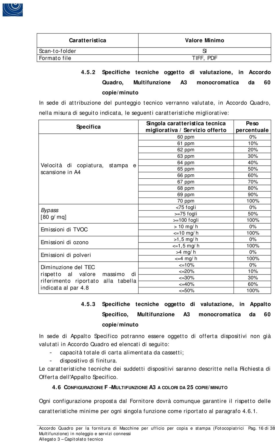 nella misura di seguito indicata, le seguenti caratteristiche migliorative: Specifica Velocità di copiatura, stampa e scansione in A4 Bypass Emissioni di TVOC Emissioni di ozono Emissioni di polveri