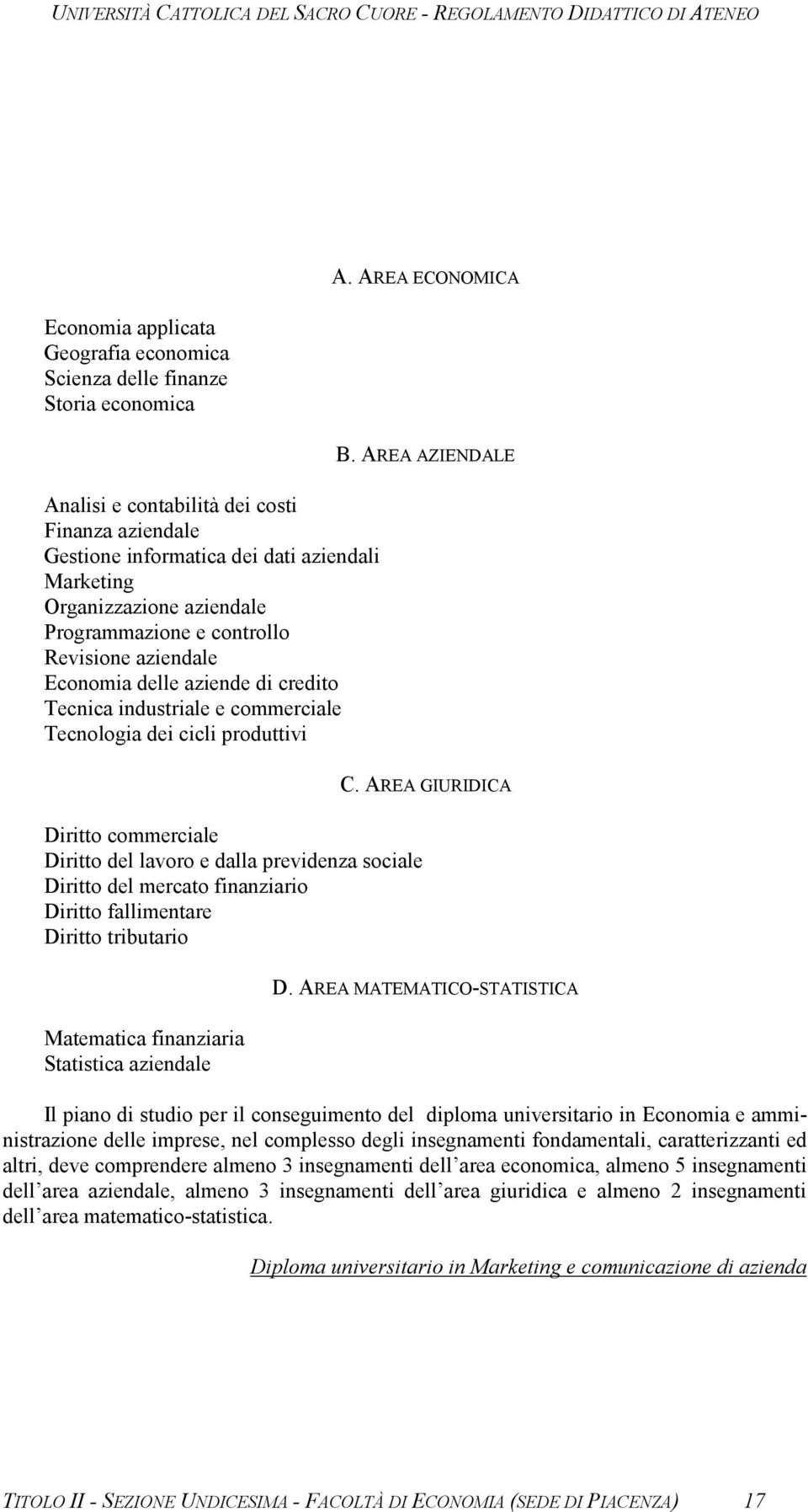 delle aziende di credito Tecnica industriale e commerciale Tecnologia dei cicli produttivi B. AREA AZIENDALE C.