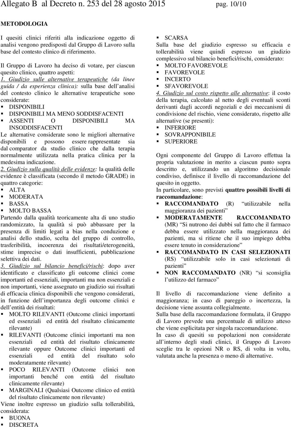 Il Gruppo di Lavoro ha deciso di votare, per ciascun quesito clinico, quattro aspetti: 1.