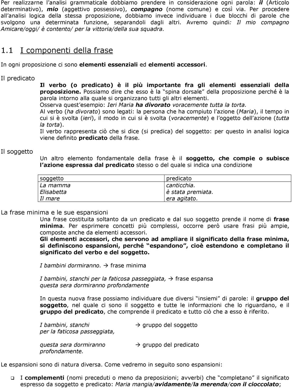 Avremo quindi: Il mio compagno Amicare/oggi/ è contento/ per la vittoria/della sua squadra. 1.1 I componenti della frase In ogni proposizione ci sono elementi essenziali ed elementi accessori.