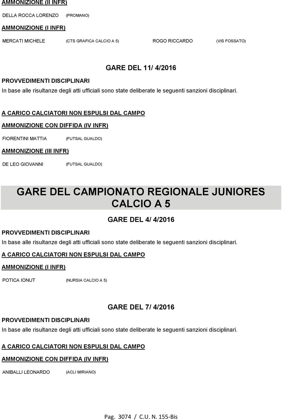 LEO GIOVANNI (FUTSAL GUALDO) GARE DEL CAMPIONATO REGIONALE JUNIORES CALCIO A 5 GARE DEL 4/ 4/2016 AMMONIZIONE (I INFR) POTICA