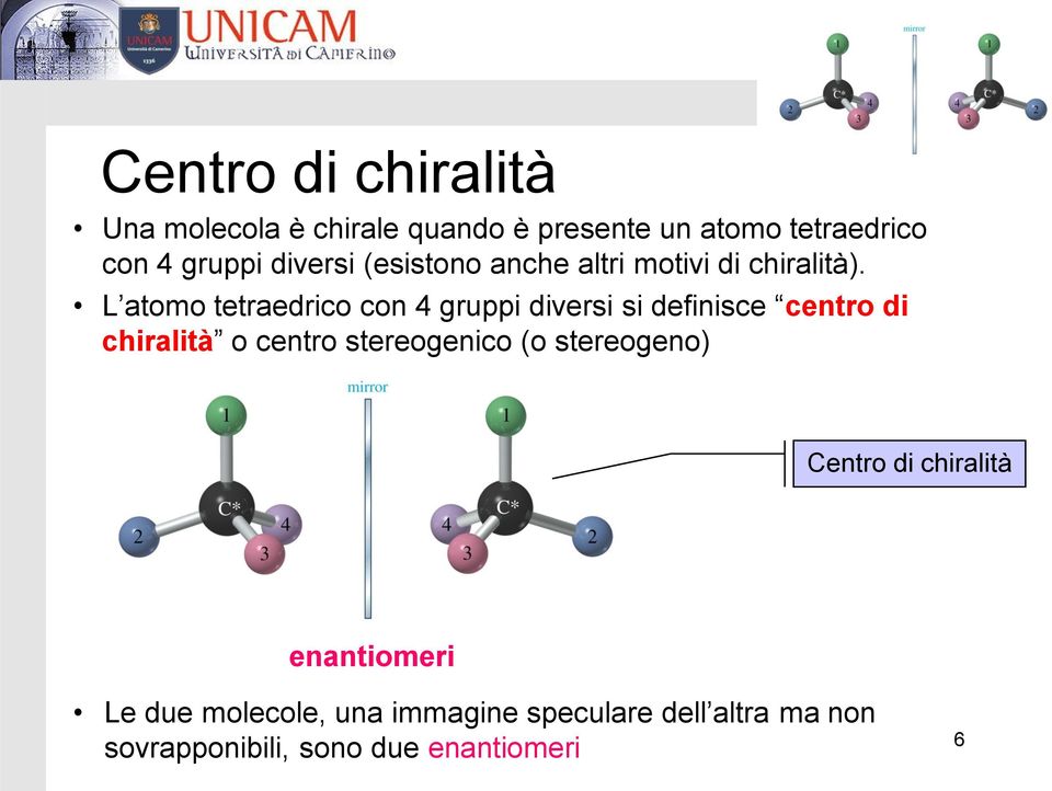 L atomo tetraedrico con 4 gruppi diversi si definisce centro di chiralità o centro stereogenico