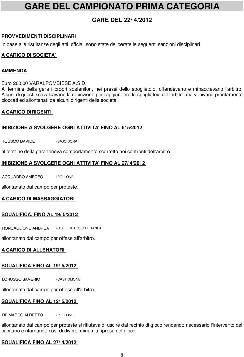 Alcuni di questi scavalcavano la recinzione per raggiungere lo spogliatoio dell'arbitro ma venivano prontamente bloccati ed allontanati da alcuni dirigenti della società.