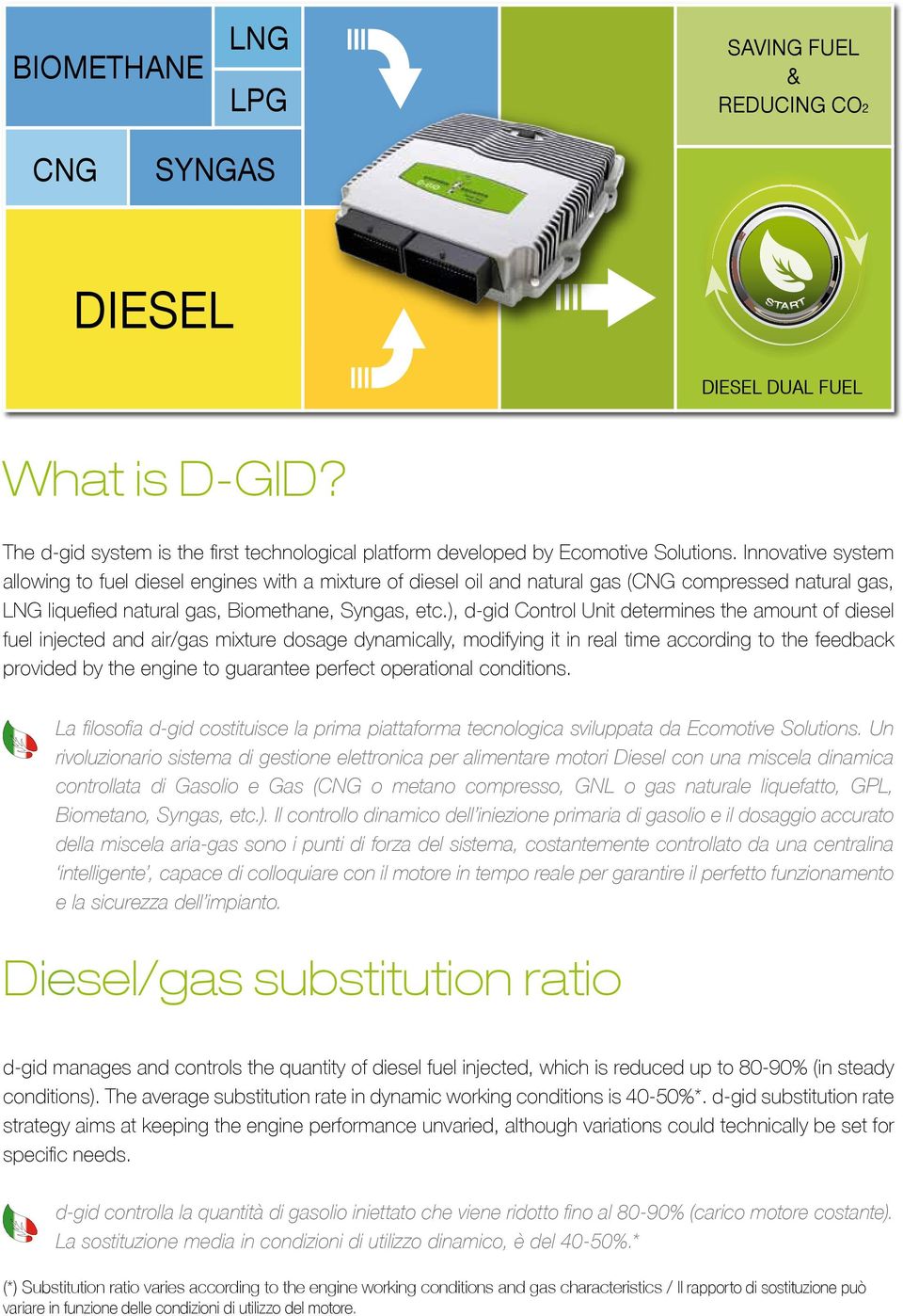 ), d-gid Control Unit determines the amount of diesel fuel injected and air/gas mixture dosage dynamically, modifying it in real time according to the feedback provided by the engine to guarantee