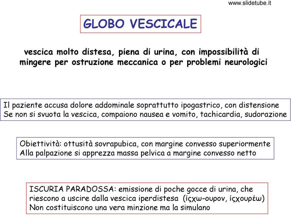 Obiettività: ottusità sovrapubica, con margine convesso superiormente Alla palpazione si apprezza massa pelvica a margine convesso netto ISCURIA