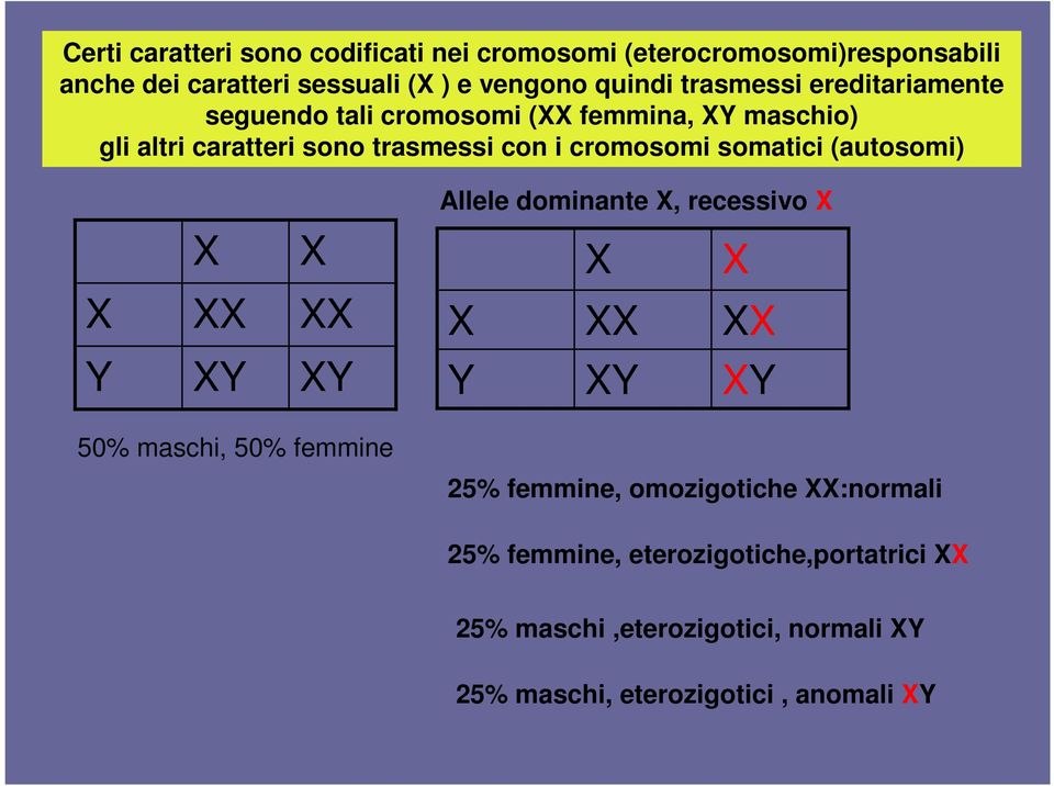 trasmessi con i cromosomi somatici (autosomi) Allele dominante, recessivo 50% maschi, 50% femmine 25% femmine,