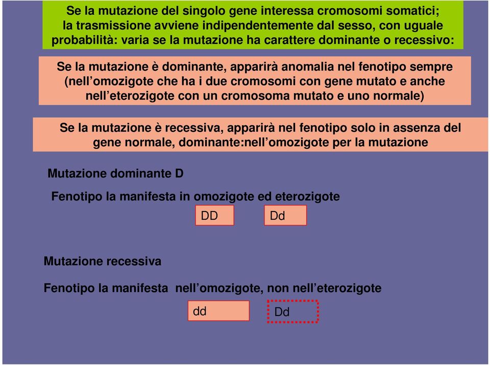 eterozigote con un cromosoma mutato e uno normale) Se la mutazione è recessiva, apparirà nel fenotipo solo in assenza del gene normale, dominante:nell omozigote per la