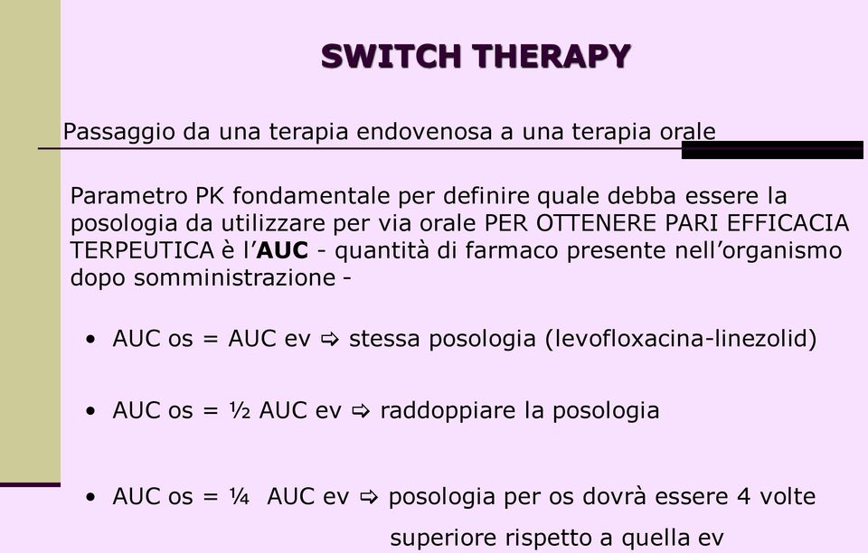 farmaco presente nell organismo dopo somministrazione - AUC os = AUC ev stessa posologia (levofloxacina-linezolid) AUC