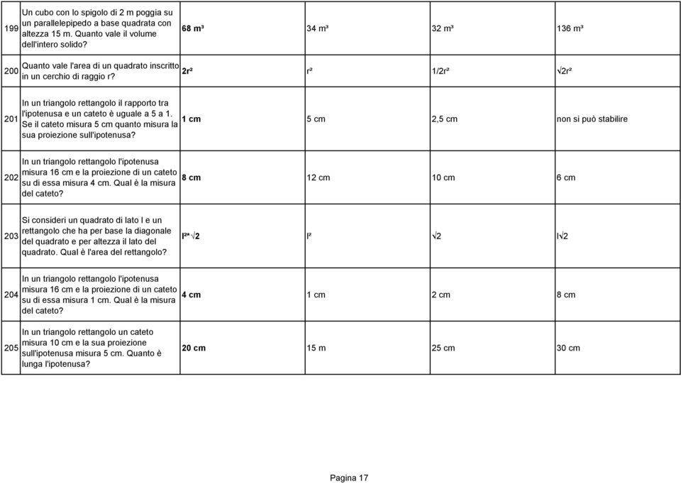 2r² r² 1/2r² 2r² 201 In un triangolo rettangolo il rapporto tra l'ipotenusa e un cateto è uguale a 5 a 1.