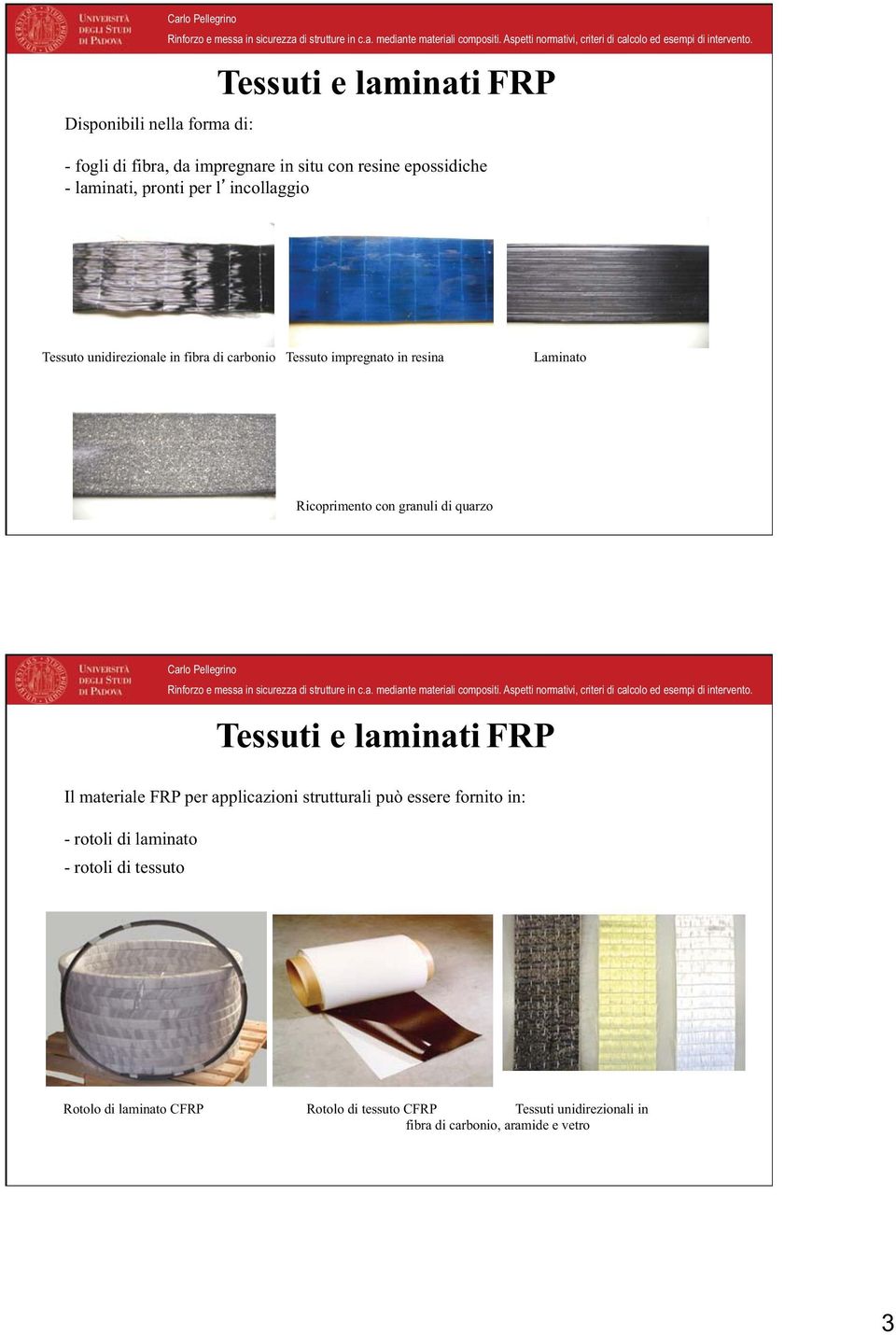 granuli di quarzo Tessuti e laminati FRP Il materiale FRP per applicazioni strutturali può essere ornito in: - rotoli di