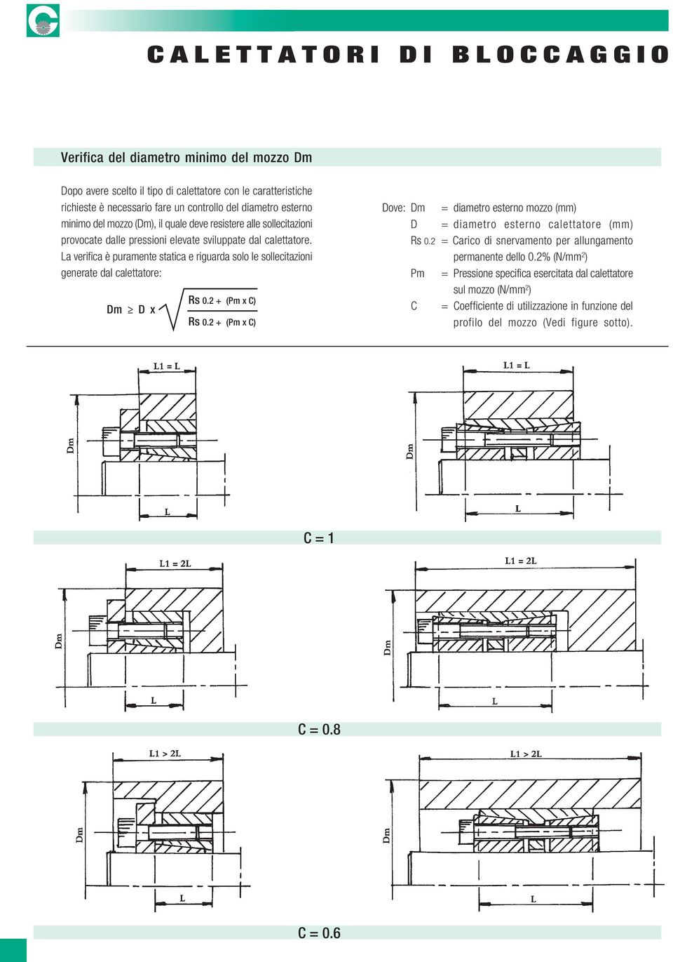 La verifica è puramente statica e riguarda solo le sollecitazioni generate dal calettatore: Dm D x Rs 0.2 + (Pm x C) Rs 0.