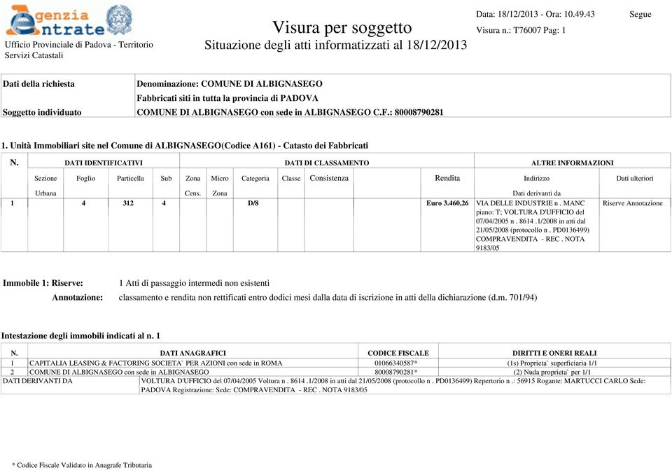 Unità Immobiliari site nel Comune di ALBIGNASEGO(Codice A161) - Catasto dei Fabbricati 1 4 312 4 D/8 Euro 3.460,26 VIA DELLE INDUSTRIE n. MANC piano: T; VOLTURA D'UFFICIO del 07/04/2005 n. 8614.