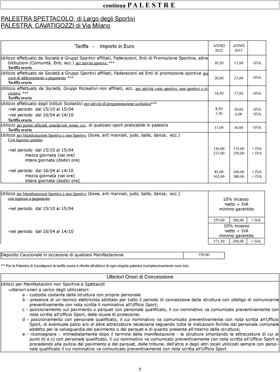 ) per attività sportive *** Utilizzo effettuato da Società e Gruppi Sportivi affiliati, Federazioni ed Enti di promozione sportiva per corsi di addestramento a pagamento *** Utilizzo effettuato da