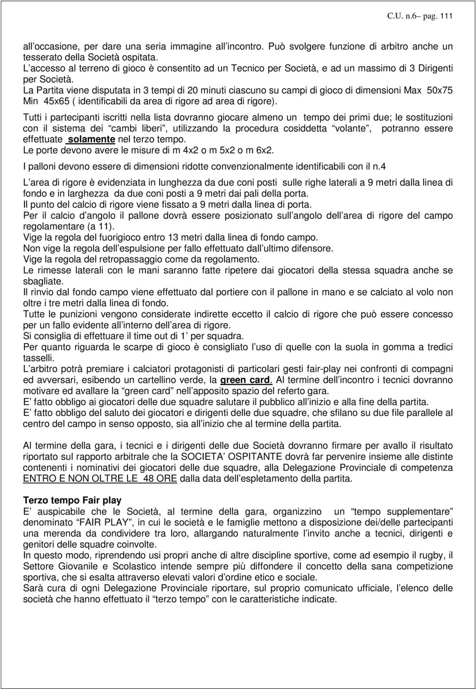 La Partita viene disputata in 3 tempi di 20 minuti ciascuno su campi di gioco di dimensioni Max 50x75 Min 45x65 ( identificabili da area di rigore ad area di rigore).