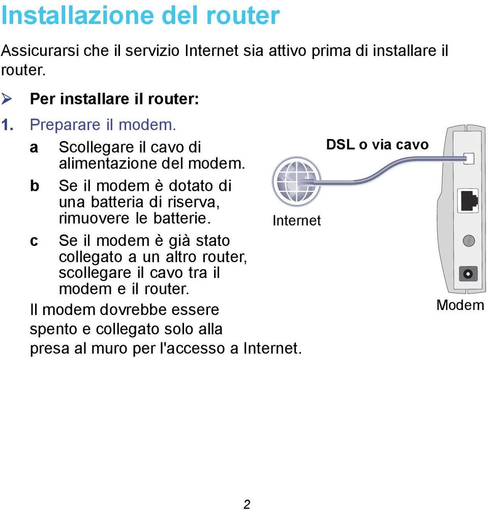 DSL o via cavo b Se il modem è dotato di una batteria di riserva, rimuovere le batterie.