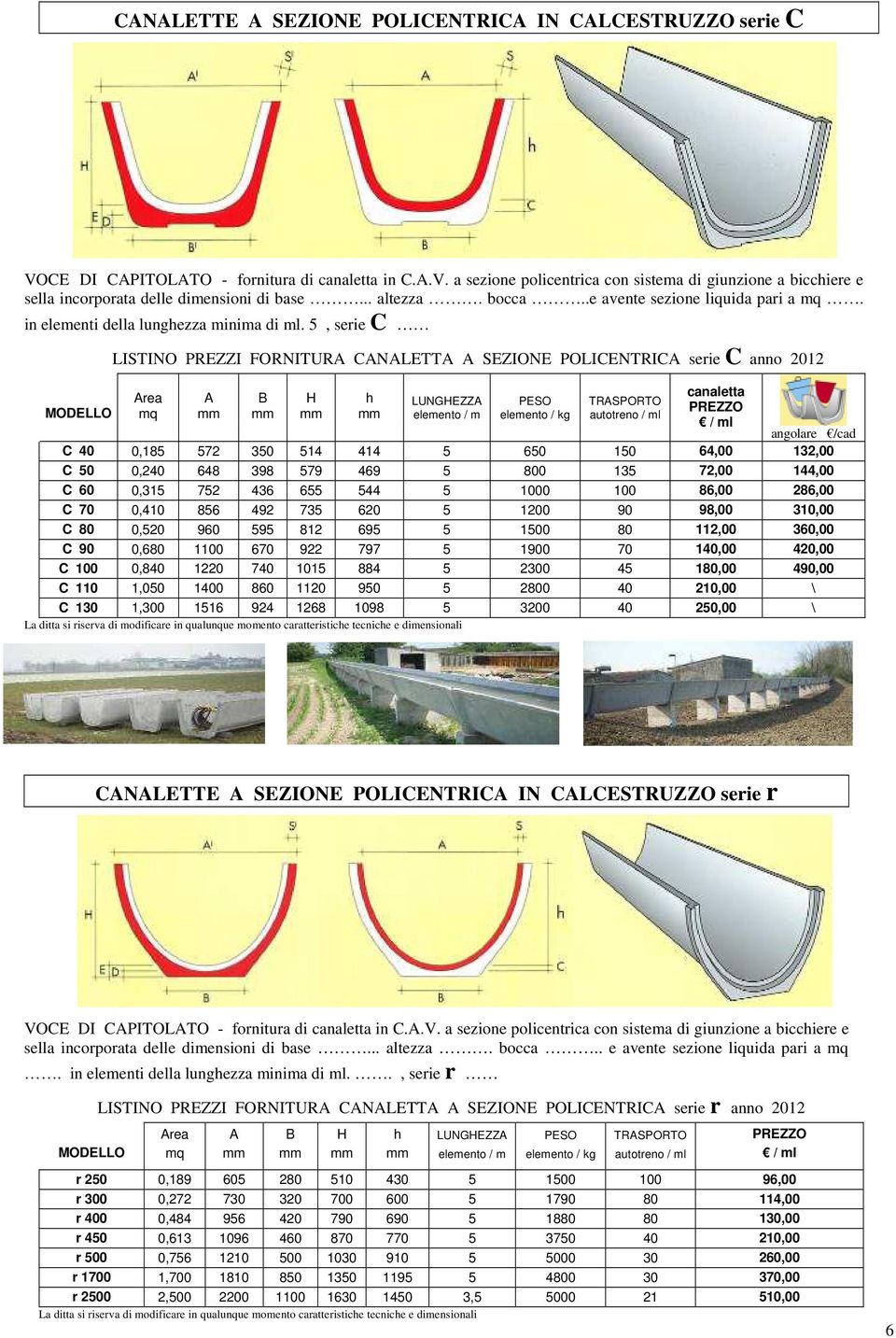 5, serie C MODELLO LISTINO PREZZI FORNITURA CANALETTA A SEZIONE POLICENTRICA serie C anno 2012 Area mq A B H h LUNGHEZZA elemento / m PESO elemento / TRASPORTO autotreno / ml canaletta / ml angolare