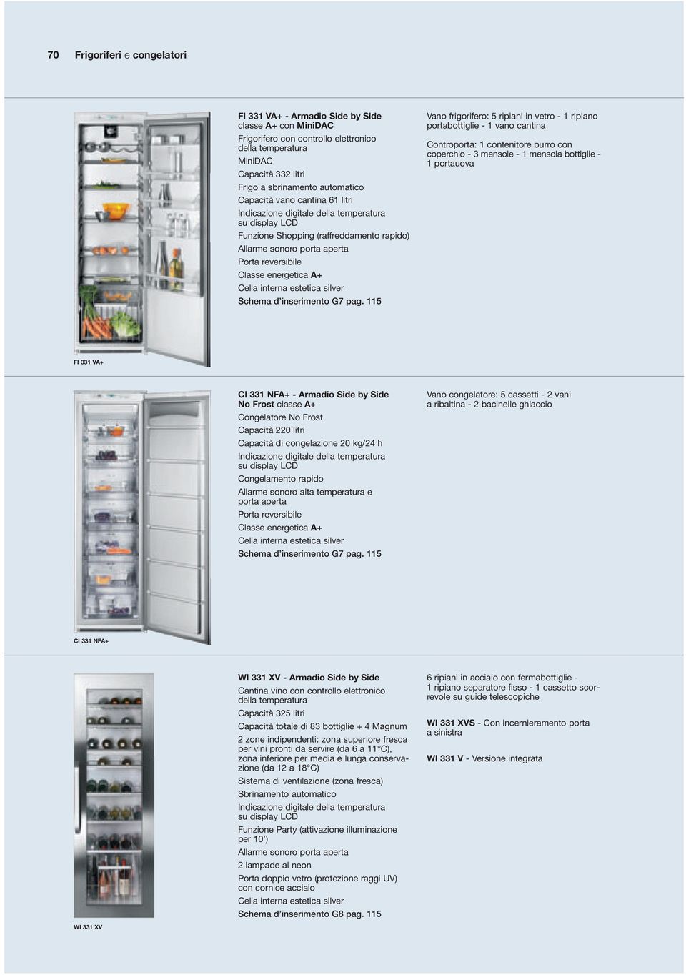 pag. 115 Vano frigorifero: 5 ripiani in vetro - 1 ripiano portabottiglie - 1 vano cantina Controporta: 1 contenitore burro con coperchio - 3 mensole - 1 mensola bottiglie - 1 portauova FI 331 V+ CI