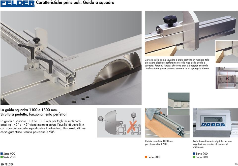 La guida a squadra 1100 e 1300 mm per tagli inclinati compresi tra +45 e 45 viene montata senza l ausilio di utensili in corrispondenza della squadratrice in alluminio.