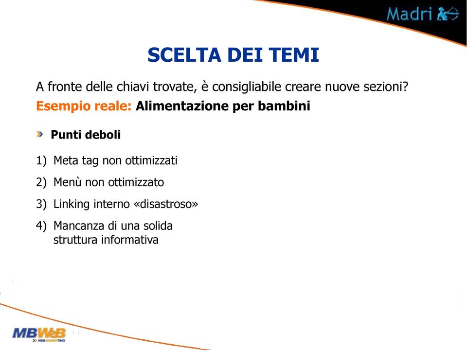 Esempio reale: Alimentazione per bambini Punti deboli 1) Meta tag