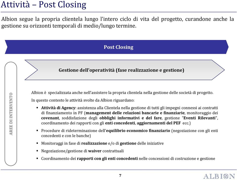 In questo contesto le attività svolte da Albion riguardano: Attività di Agency: assistenza alla Clientela nella gestione di tutti gli impegni connessi ai contratti di finanziamento in PF (management