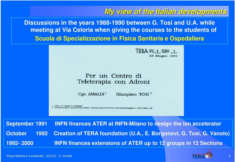 Ospedaliera September 1991 INFN finances ATER at INFN-Milano to design the ion accelerator October 1992 Creation of TERA