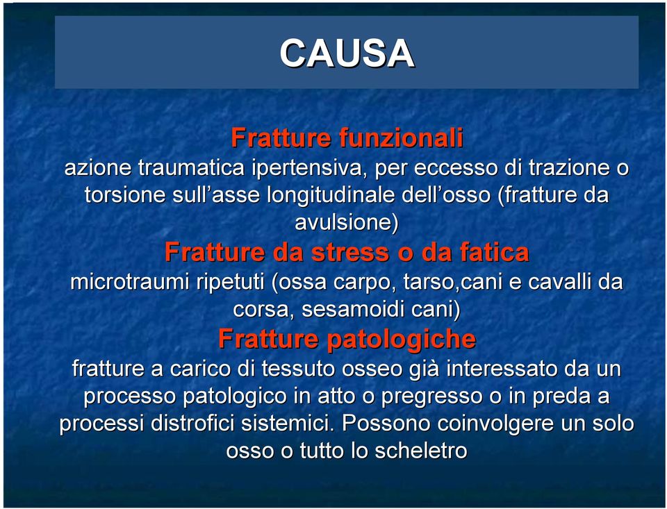 da corsa, sesamoidi cani) Fratture patologiche fratture a carico di tessuto osseo già interessato da un processo