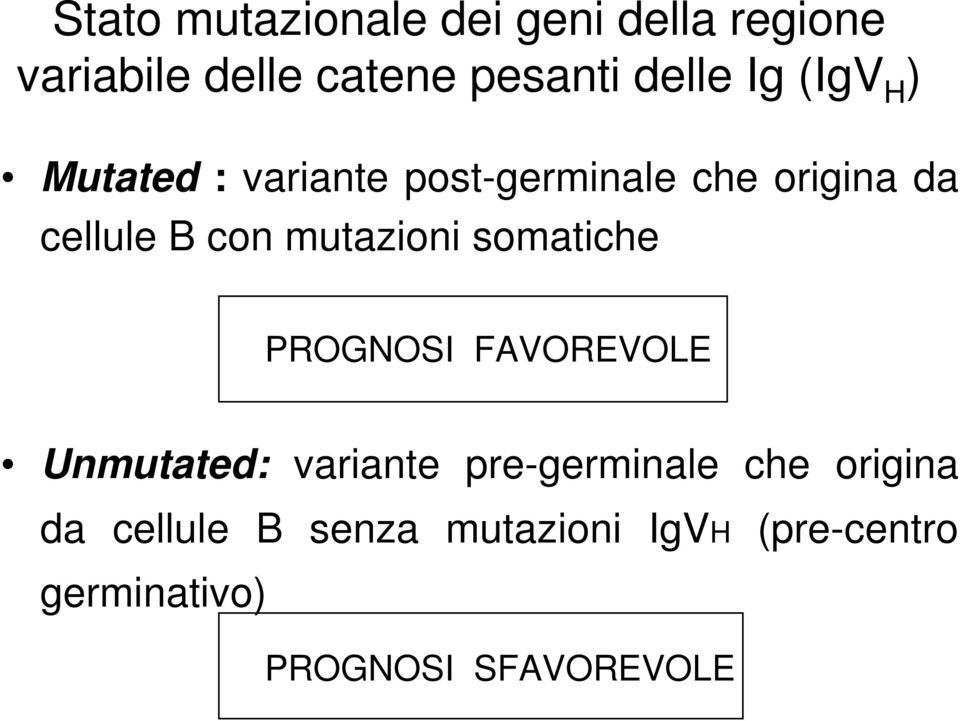 mutazioni somatiche PROGNOSI FAVOREVOLE Unmutated: variante pre-germinale che