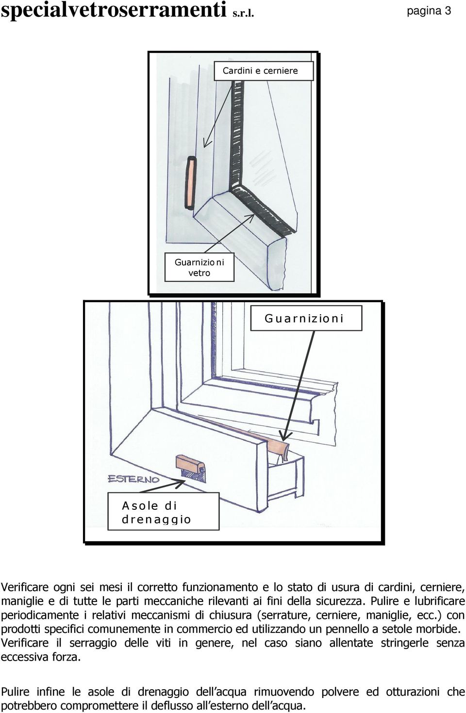 pagina 3 Cardini e cerniere Guarnizioni vetro G uarnizioni A sole di drenaggio Verificare ogni sei mesi il corretto funzionamento e lo stato di usura di cardini, cerniere, maniglie