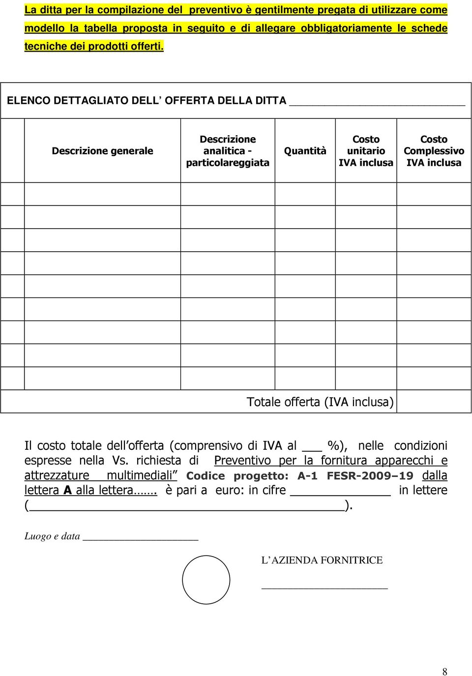 ELENCO DETTAGLIATO DELL OFFERTA DELLA DITTA Descrizione generale Descrizione analitica - particolareggiata Quantità Costo unitario IVA inclusa Costo Complessivo IVA inclusa