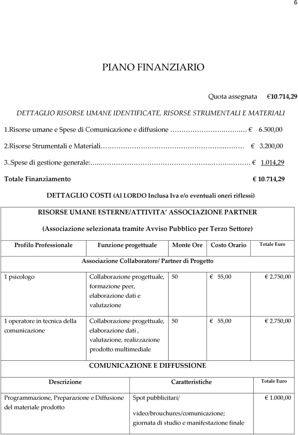 714,29 DETTAGLIO COSTI (Al LORDO Inclusa Iva e/o eventuali oneri riflessi) RISORSE UMANE ESTERNE/ATTIVITA ASSOCIAZIONE PARTNER (Associazione selezionata tramite Avviso Pubblico per Terzo Settore)