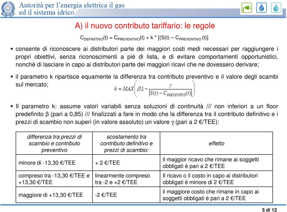 derivare; il parametro k ripartisce equamente la differenza tra contributo preventivo e il valore degli scambi sul mercato; Il parametro k: assume valori variabili senza soluzioni di continuità ///