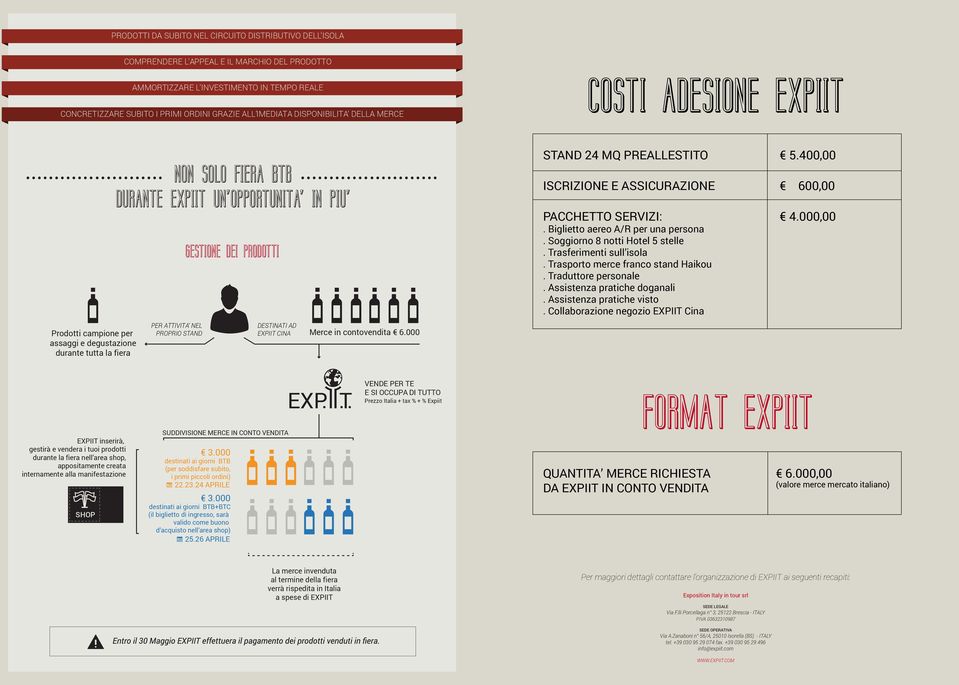 PROPRIO STAND GESTIONE DEI PRODOTTI DESTINATI AD EXPIIT CINA Merce in contovendita 6.000 STAND 24 MQ PREALLESTITO ISCRIZIONE E ASSICURAZIONE PACCHETTO SERVIZI:. Biglietto aereo A/R per una persona.