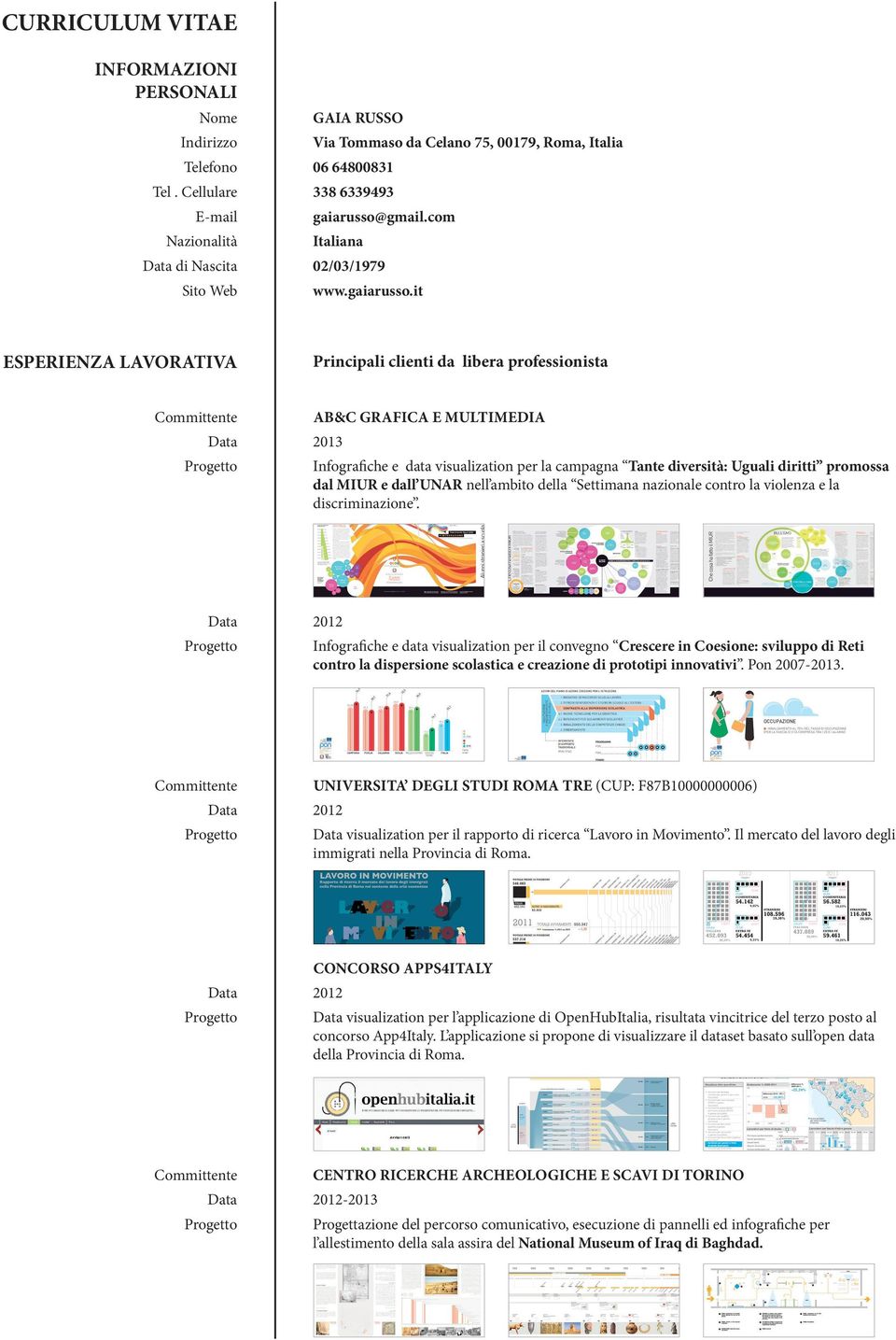 it ESPERIENZA LAVORATIVA Principali clienti da libera professionista AB&C grafica e multimedia 2013 Infografiche e data visualization per la campagna Tante diversità: Uguali diritti promossa dal MIUR