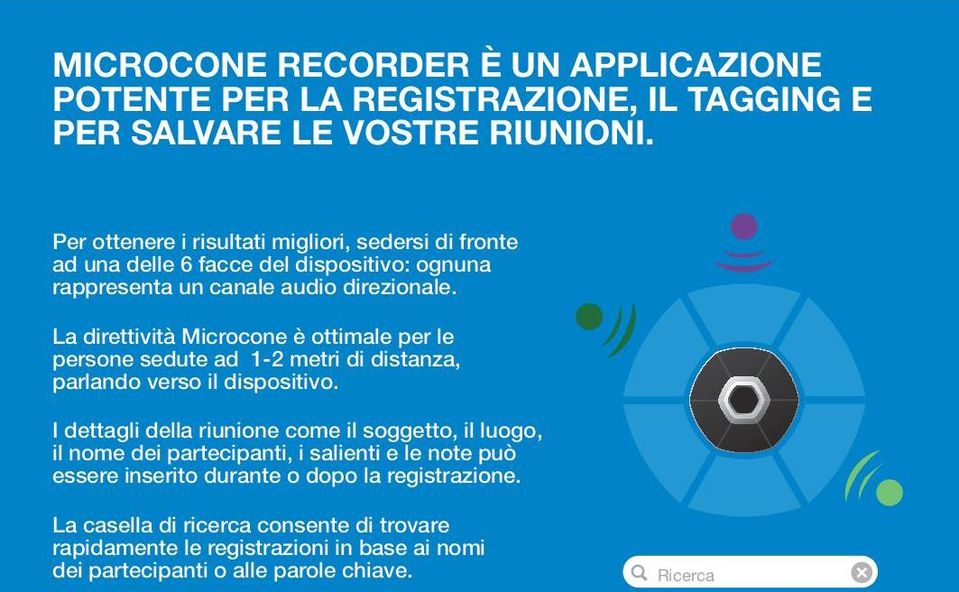 La direttività Microcone è ottimale per le persone sedute ad 1-2 metri di distanza, parlando verso il dispositivo.