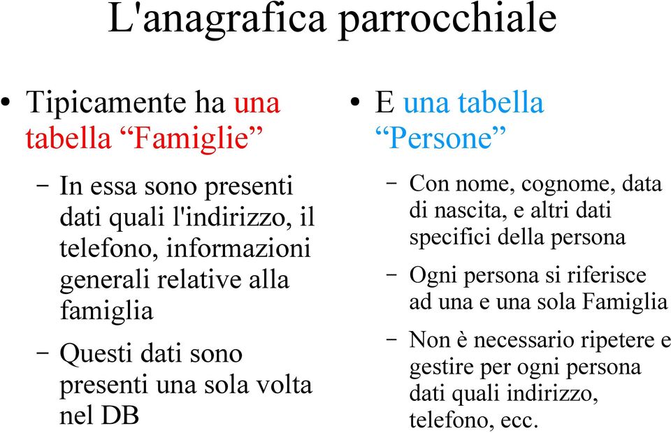 volta nel DB Con nome, cognome, data di nascita, e altri dati specifici della persona Ogni persona si riferisce