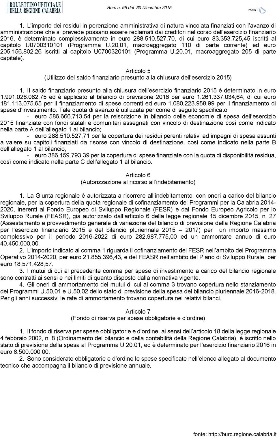 156.802,26 iscritti al capitolo U0700320101 (Programma U.20.01, macroaggregato 205 di parte capitale). Articolo 5 (Utilizzo del saldo finanziario presunto alla chiusura dell esercizio 2015) 1.