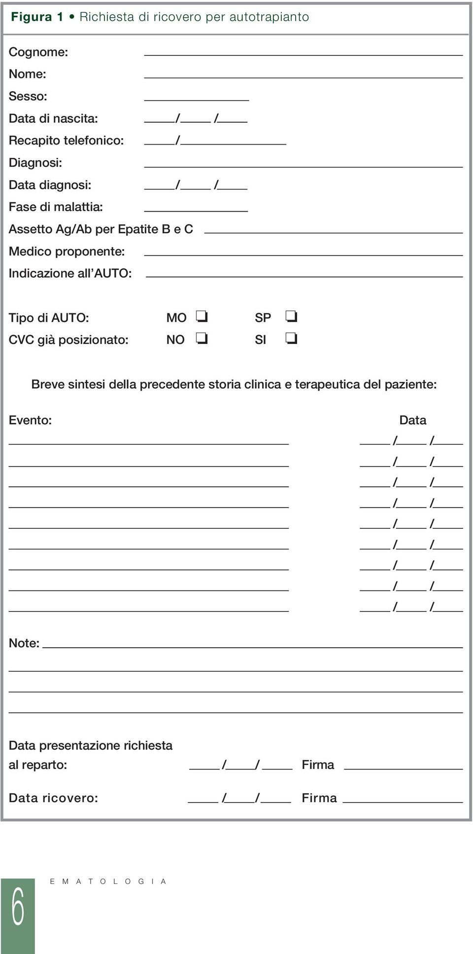 SP CVC già posizionato: NO SI Breve sintesi della precedente storia clinica e terapeutica del paziente: Evento: Data / / / / /