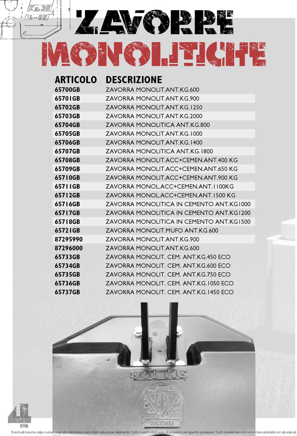 ACC+CEMEN.ANT.900 KG 65711GB ZAVORRA MONOL.ACC+CEMEN.ANT.1100KG 65712GB ZAVORRA MONOL.ACC+CEMEN.ANT.1500 KG 65716GB ZAVORRA MONOLITICA IN CEMENTO ANT.KG1000 65717GB ZAVORRA MONOLITICA IN CEMENTO ANT.