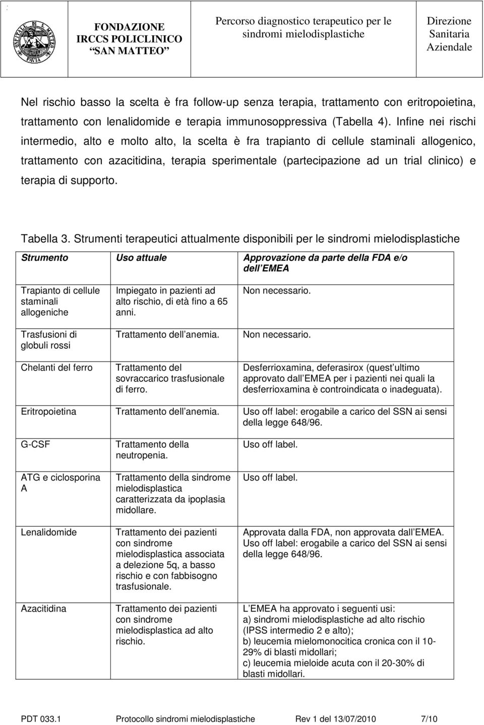 terapia di supporto. Tabella 3.