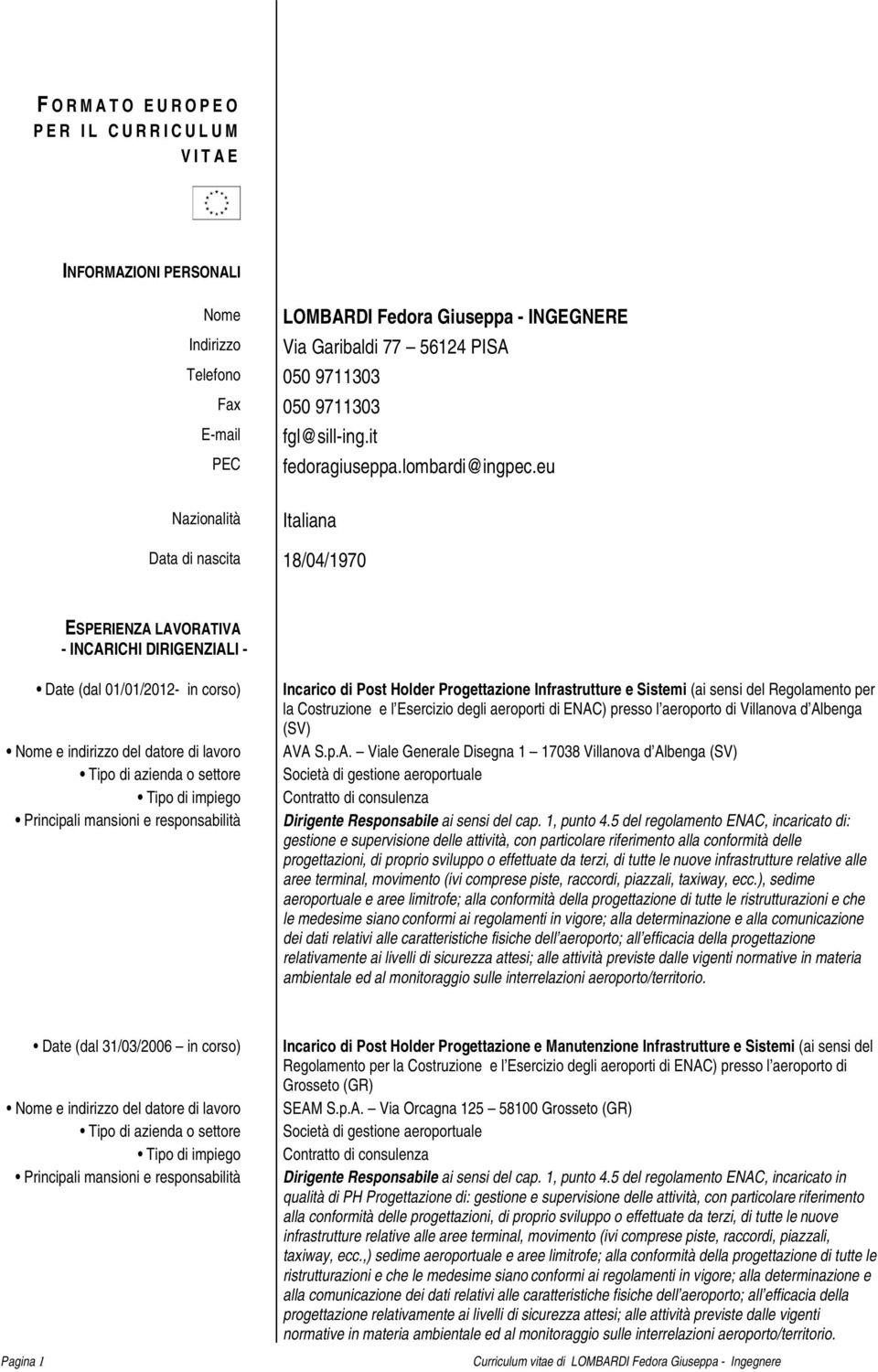 eu Nazionalità Italiana Data di nascita 18/04/1970 ESPERIENZA LAVORATIVA - INCARICHI DIRIGENZIALI - Date (dal 01/01/2012- in corso) Incarico di Post Holder Progettazione Infrastrutture e Sistemi (ai