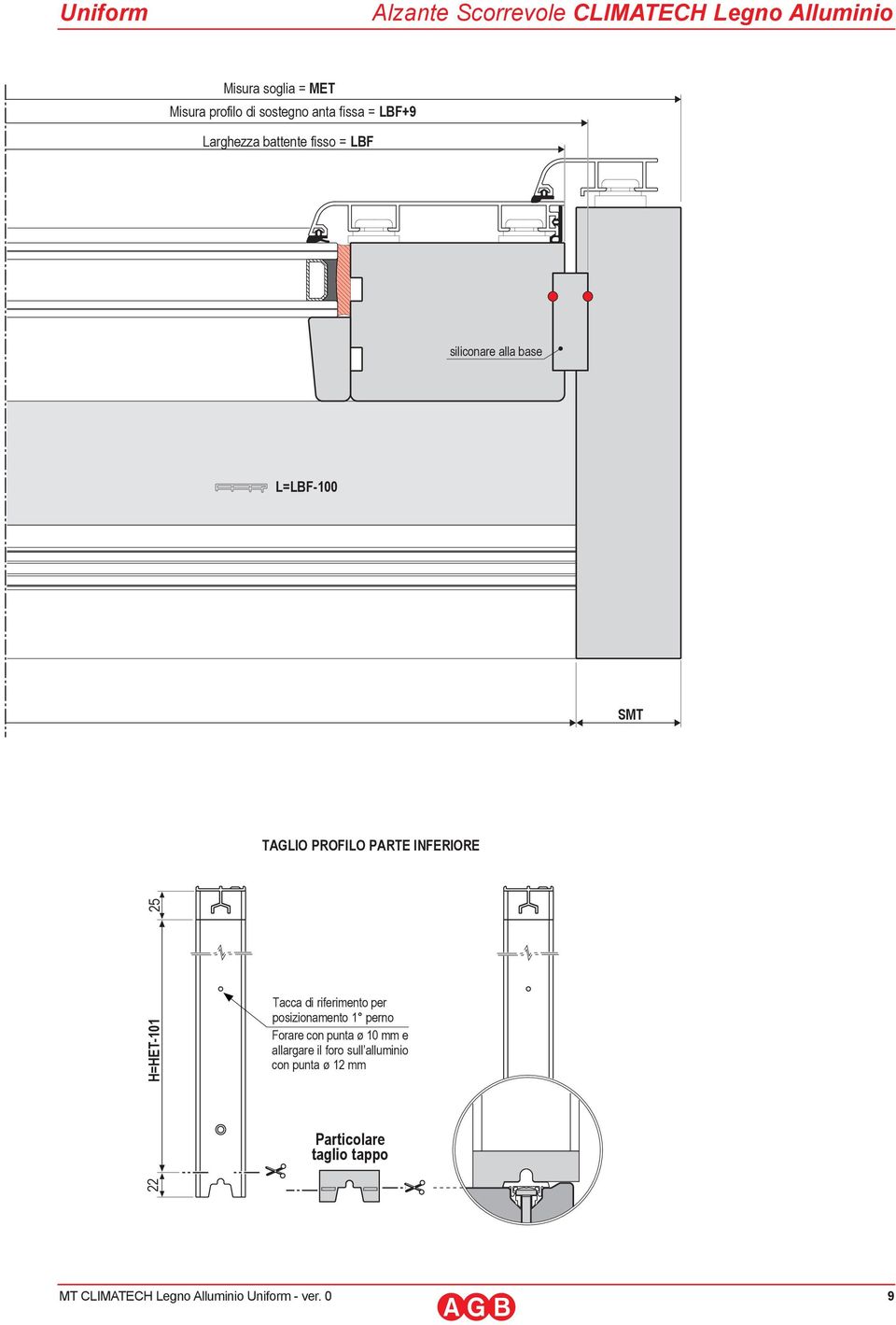 TAGLIO PROFILO PARTE INFERIORE 22 H=HET-101 25 Tacca di riferimento per posizionamento 1 perno