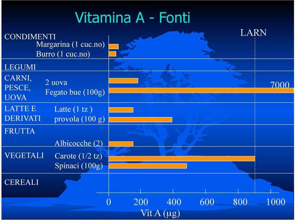 CEREALI Vitamina A - Fonti 2 uova Fegato bue (100g) Latte (1 tz )