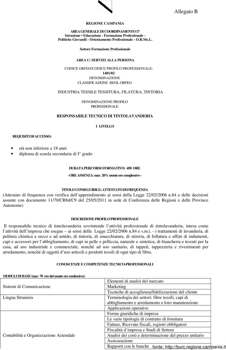 n.84 e delle decisioni assunte con documento 11/70/CR8d/C9 del 25/05/2011 in sede di Conferenza delle Regioni e delle Province Autonome) DESCRIZIONE PROFILO Il responsabile tecnico di tintolavanderia