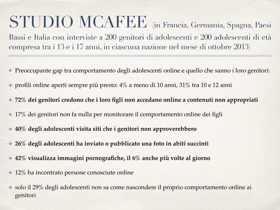 dei genitori credono che i loro figli non accedano online a contenuti non appropriati 17% dei genitori non fa nulla per monitorare il comportamento online dei figli 40% degli adolescenti visita siti