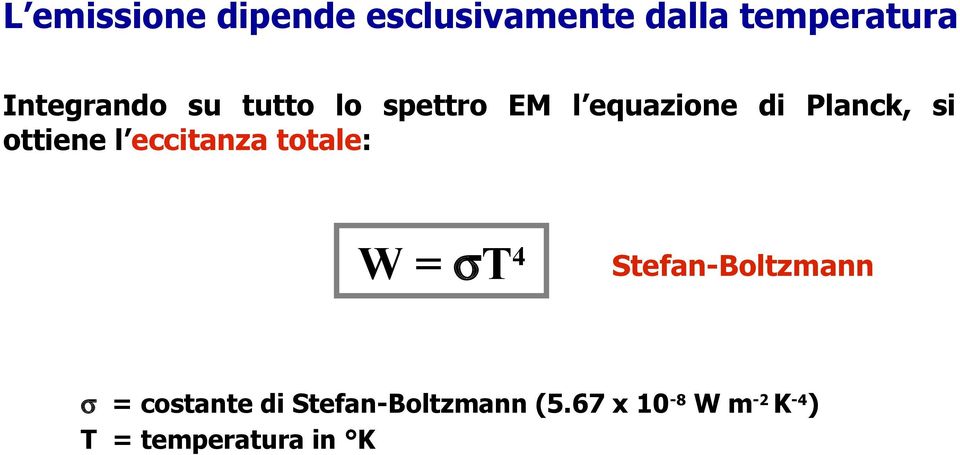 ottiene l eccitanza totale: W = σt4 Stefan-Boltzmann σ =